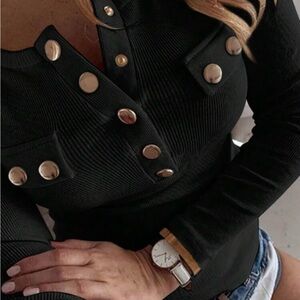Black Long-Sleeve Ribbed Top with Gold Button Detail. Shein. New